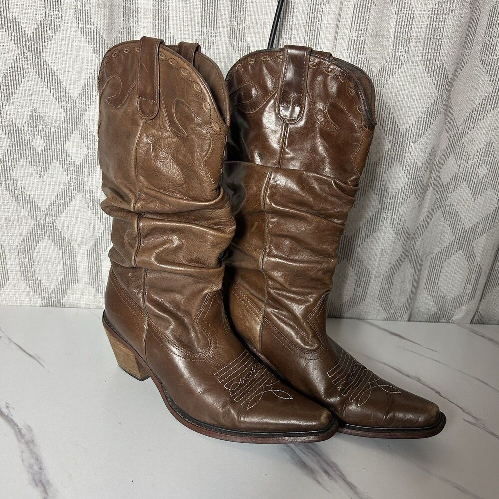 Y2K Rare Steve Madden Slouchy Western Cowboy Boots Women' Size 7.5M Saddle Brown